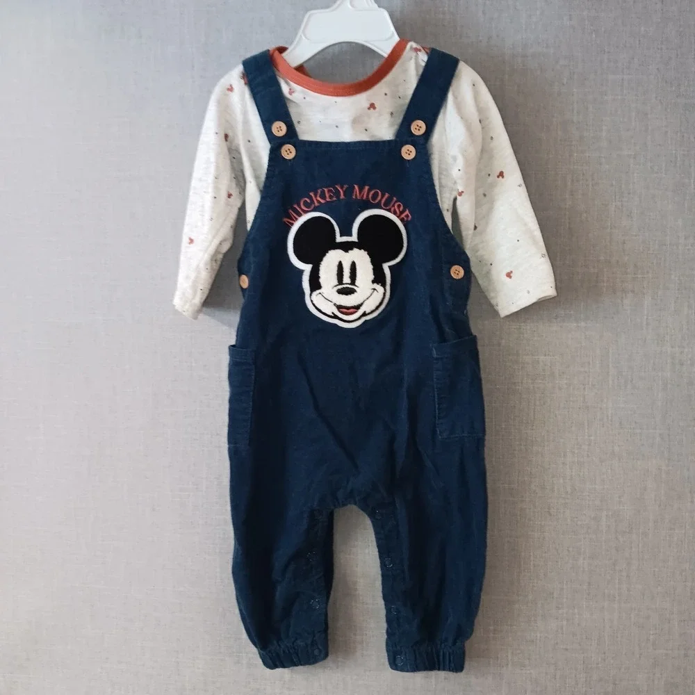 Disney Baby Mickey Mouse Overall Set Corduroy Long Sleeve Shirt 12M Snap‎ Legs